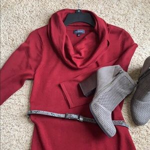 Limited sweater dress, brick red, sheath fit.